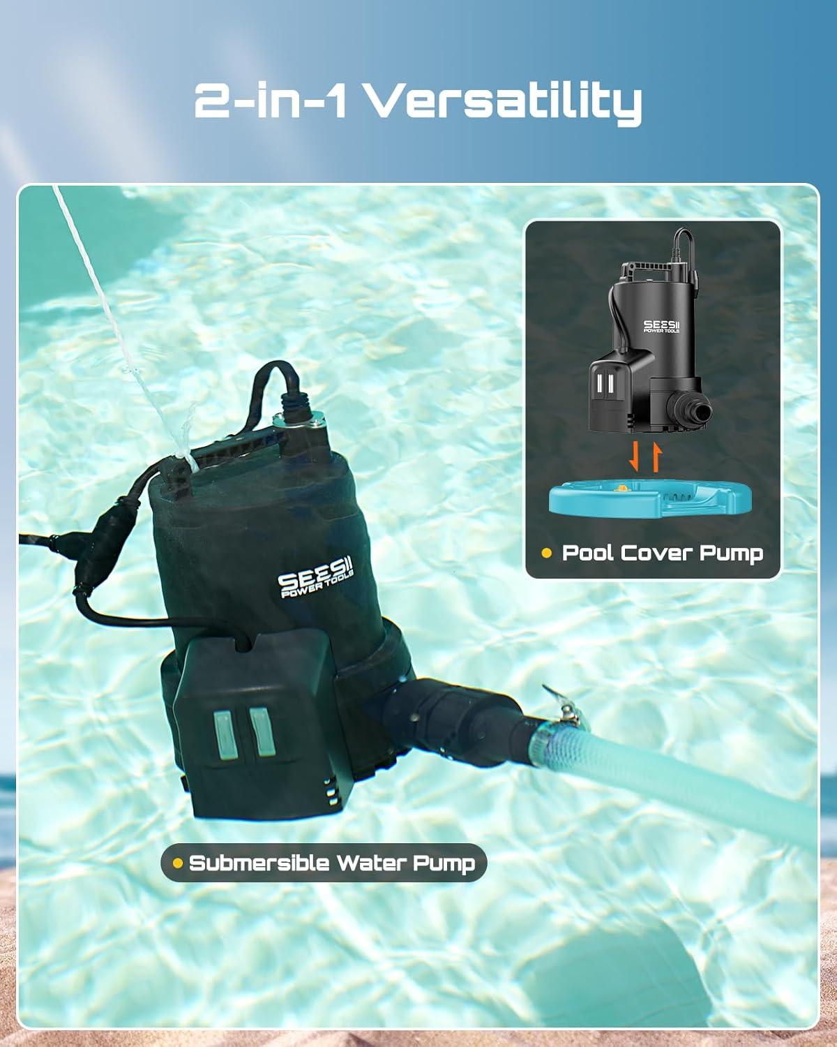 imageSEESII 13HP Pool Cover Pump  Automatic OnOff 3035GPH Submersible Water Pump with Filter Net 25ft Power Cord Check Valve Sump Pump for Swimming Pool Hot Tubs Pond Basement Rooftops