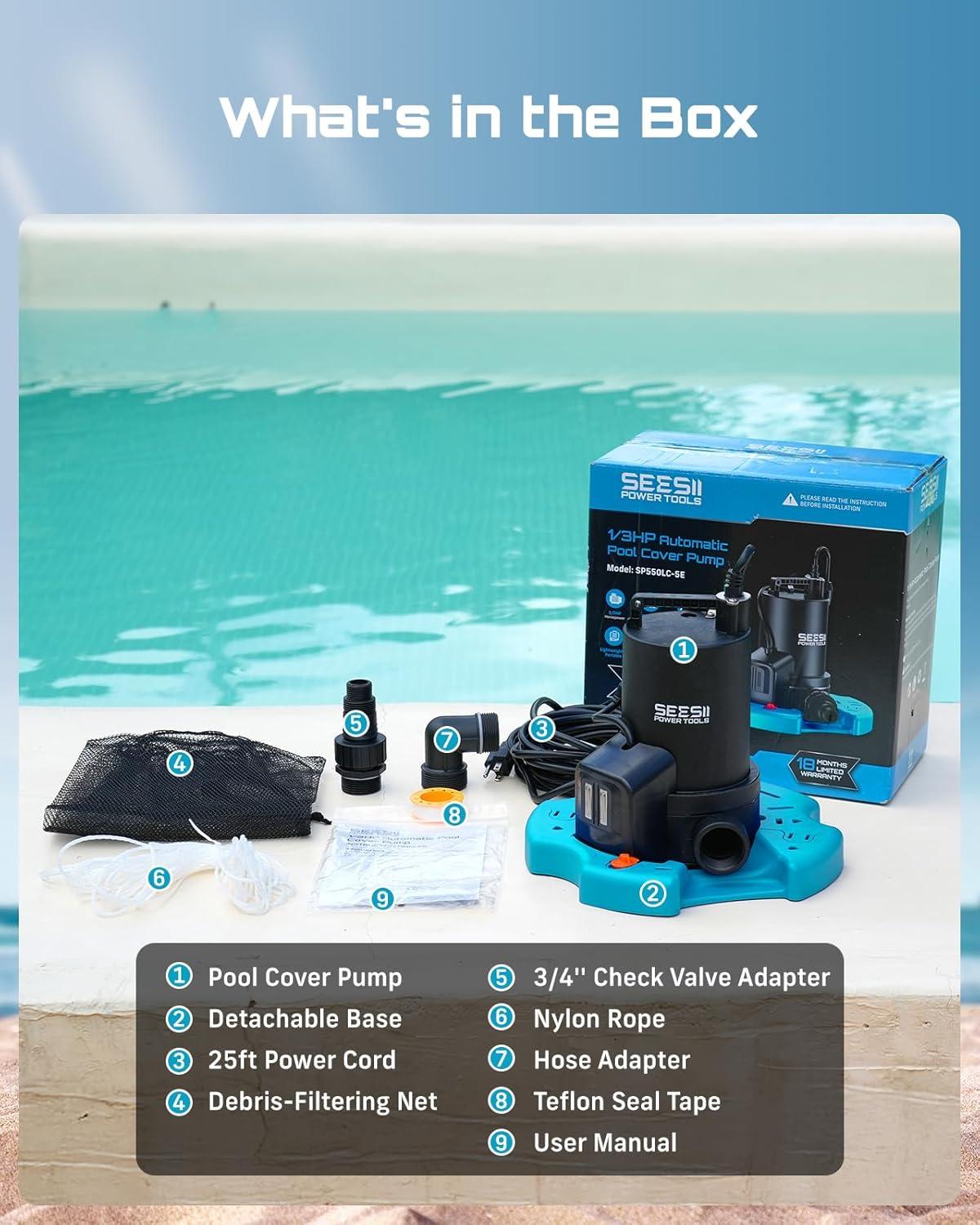 imageSEESII 13HP Pool Cover Pump  Automatic OnOff 3035GPH Submersible Water Pump with Filter Net 25ft Power Cord Check Valve Sump Pump for Swimming Pool Hot Tubs Pond Basement Rooftops