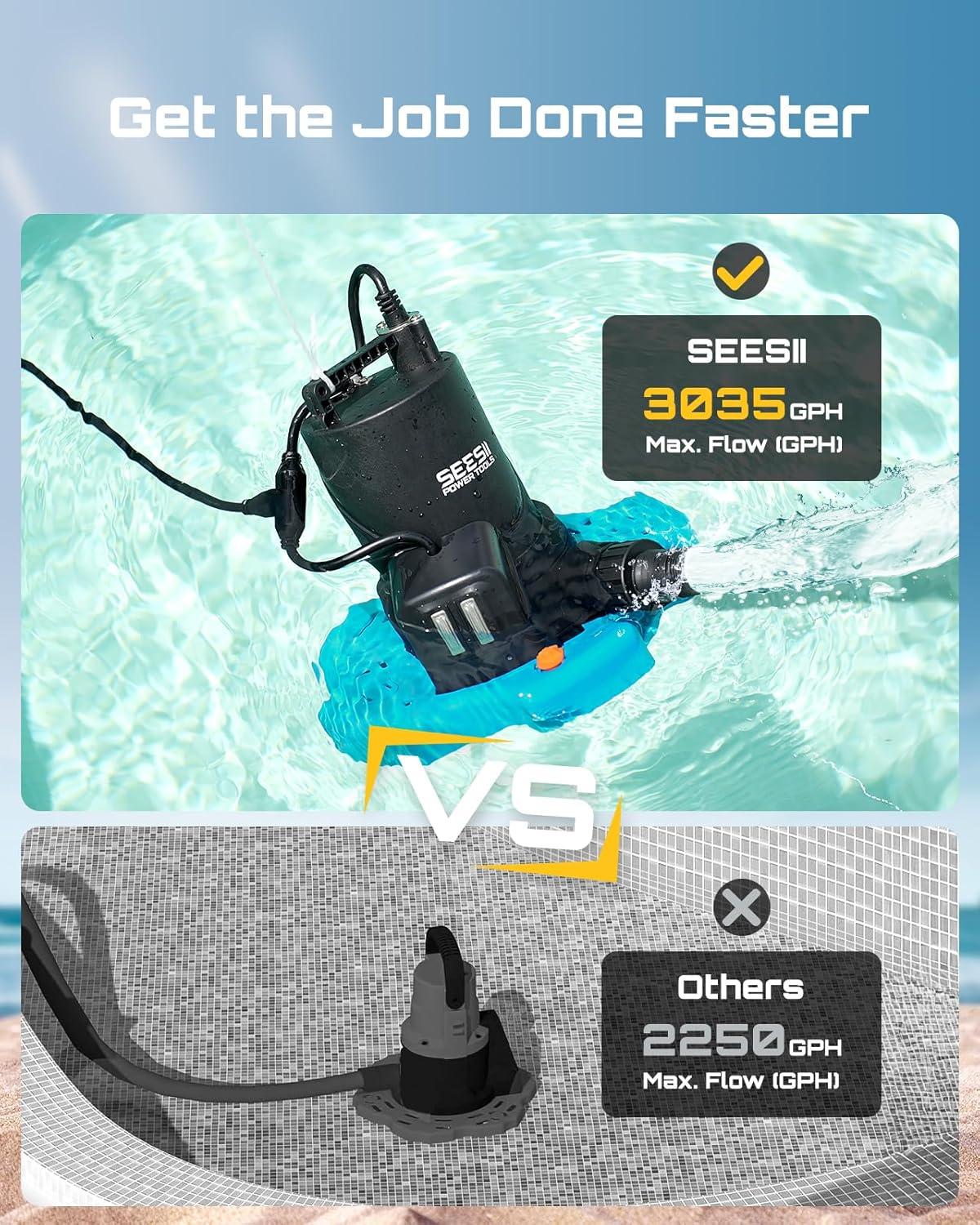 imageSEESII 13HP Pool Cover Pump  Automatic OnOff 3035GPH Submersible Water Pump with Filter Net 25ft Power Cord Check Valve Sump Pump for Swimming Pool Hot Tubs Pond Basement Rooftops