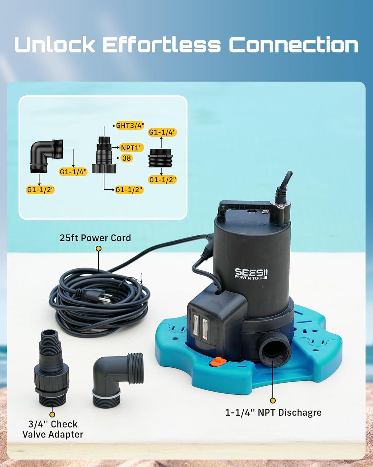 imageSEESII 13HP Pool Cover Pump  Automatic OnOff 3035GPH Submersible Water Pump with Filter Net 25ft Power Cord Check Valve Sump Pump for Swimming Pool Hot Tubs Pond Basement Rooftops
