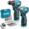 imageSEESII Cordless Drill Impact Driver 168V Brushless Power Tool Combo Kits 2x 20Ah Batteries wCharger 16Pc Bits Tool Bag 38 Drill ampamp 14 Impact Driver for Home DIY Woodworking BlueBlue