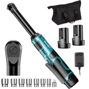 imageExtended Cordless Electric Ratchet Wrench 38quot 40 Ftlbs Torque Brushless Motor 6quot Long Neck 220RPM 2 Pack 20Ah Battery Fast Charger 14 Drive Adapter 7 Sockets for Car Repair DIYBlue