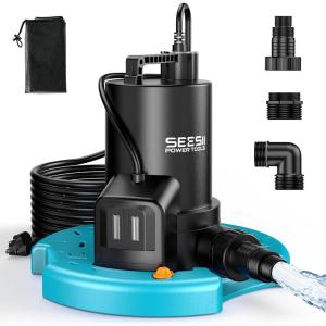 imageSEESII 13HP Pool Cover Pump  Automatic OnOff 3035GPH Submersible Water Pump with Filter Net 25ft Power Cord Check Valve Sump Pump for Swimming Pool Hot Tubs Pond Basement Rooftops