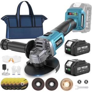 imageSEESII Cordless Angle Grinder 412 Inch 21V Brushless Battery Grinder Tool with 2X 40Ah Batteries 10000RPM for Metal Cutting Grinding Polishing Rust Removal BlueBlue
