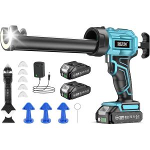 imageSEESII Cordless Caulking Gun 21V Battery Powered Caulk Gun Electric Caulking Gun w2 x 20Ah Batteries 9Pcs Caulk Remover Tool LED Light Auto Retract for Filling Sealing BlueSky Blue