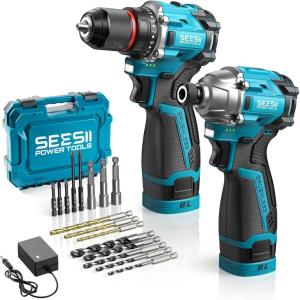 imageSEESII Cordless Drill Impact Driver 168V Brushless Power Tool Combo Kits 2x 20Ah Batteries wCharger 16Pc Bits Tool Bag 38 Drill ampamp 14 Impact Driver for Home DIY Woodworking BlueBlue