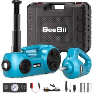 imageSEESII Electric Car Jack Kit 5 Ton 177 Inch Lift Range 3in1 car jack Hydraulic with Impact Wrench and Tire Inflator Floor Jack for SUVPickupTruckSedan Roadside Emergency Tire Change Spare Tool Setblue