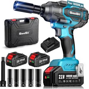 imageSeesii 1000Nm 738ftlbs Cordless Impact Wrench High Torque12quot Brushless Impact Gun wTwo 40Ah BatteryFast Charger 5 Sockets ampamp Storage Case Electric Impact Wrench for Car TruckWH760Blue