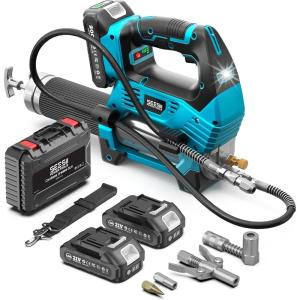 imageSeesii 12000PSI Electric Grease Gun 3 Speed Control Battery Powered Grease Gun Cordless with 2 Batteries Brushless Motor 394 Long Hose 90 Degree Coupler ampamp LED Light for Heavy Duty EquipmentBlue