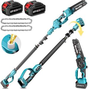 imageSeesii 2 in 1 Cordless 8 inch Pole Saw ampamp Mini Chainsaw with 2 Battery Power Electric Polesaw for Tree Trimming Chain Saw with Extension Pole Limb Branch Cutter Pruner PS800Green Pole Saw