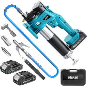 imageSeesii Electric Grease Gun Kit HighPerformance 10000PSI 46 ozmin Battery Powered Grease Gun Cordless with 2 Batteries 394quot Long Hose 90 Degree Coupler 3 Tips for Faster and Effortless GreasingLight blue