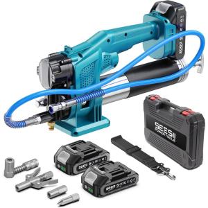 imageSeesii Electric Grease Gun Kit HighPerformance 10000PSI 46 ozmin Battery Powered Grease Gun Cordless with 2 Batteries 394quot Long Hose 90 Degree Coupler 3 Tips for Faster and Effortless GreasingBlue