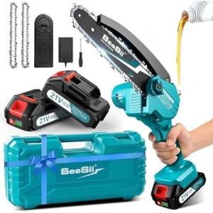 imageSeesii Mini Chainsaw 6inch Mini Chainsaw Cordless Handheld Electric Power Chain Saw with 2 Batteries for Tree Trimming Wood Cutting Best Gifts for Father Dad Husband MenLight Blue