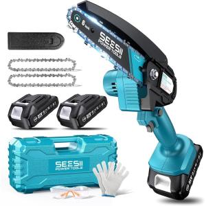 imageSeesii Mini Chainsaw 6inch Mini Chainsaw Cordless Handheld Electric Power Chain Saw with 2 Batteries for Tree Trimming Wood Cutting Best Gifts for Father Dad Husband MenSky Blue