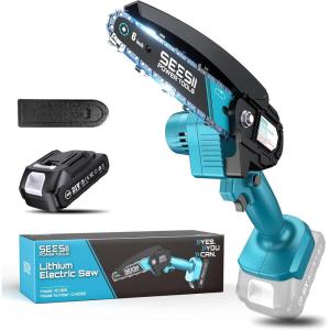 imageSeesii Mini Chainsaw 6inch Mini Chainsaw Cordless Handheld Electric Power Chain Saw with 2 Batteries for Tree Trimming Wood Cutting Best Gifts for Father Dad Husband MenBlue