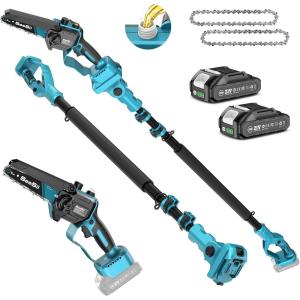 imageSEESII 2in1 Electric Pole Saws for Tree Trimming 6 Inch Mini Chainsaw Cordless with Extension Pole Battery Powered Pole Chain Saw Tree Trimmer Limb Branch Cutter Pruner with 2 Battery PS600Blue
