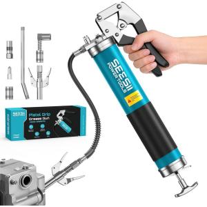 imageSeesii 8000PSI Grease Gun Kit Heavy Duty Pistol Grip Grease Gun with 14oz Capacity QuickRelease Coupler 90 Adapter Flexible Hose Rigid Pipe for Automotive Agricultural Industrial Marine