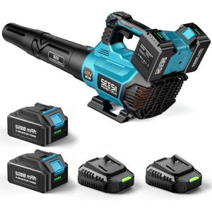 imageSEESII 40V Leaf Blower Cordless 600CFM 160MPH Brushless Motor Leaf Blower with 2  5200mAh Batteries and Charger Turbo Button ampamp Variable Speed Control Electric Blower for Lawn Care Dust and DebrisBlue