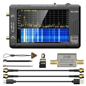 imageSeeSii TinySA Ultra Spectrum Analyzer with ZK0620dB Low Noise Amplifier 40 Inch 100kHz to 53GHz Handheld Tiny Frequency Analyzer with 32Gb Card100kHz to 800MHz MFHFVHF UHF InputModelTinySA ULTRA ZS406 with 21dB LNA