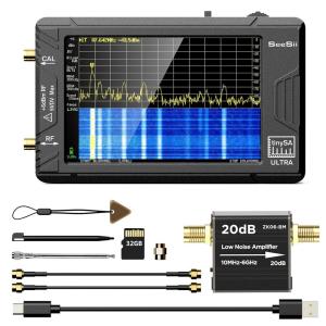imageSeeSii TinySA Ultra Spectrum Analyzer with ZK0620dB Low Noise Amplifier 40 Inch 100kHz to 53GHz Handheld Tiny Frequency Analyzer with 32Gb Card100kHz to 800MHz MFHFVHF UHF InputModelTinySA ULTRA 20dB Low Noise Amp