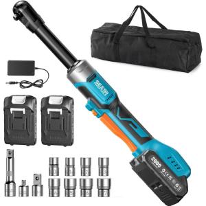 imageSeesii 38quot Long Neck Ratchet Wrench 40Ftlbs 6quot Extended Cordless Ratchet Wrench Kit w 2x20Ah Batteries ampamp Fast Charge 220RPM Variable Speed Ratcheting Wrench w 7 Sockets Light Blue