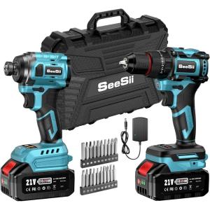 imageSEESII 21V Max Cordless Drill and Impact Driver Power Tool Combo Kit Included 38 Drill ampamp 14 Impact Driver 2x 4000mAh Battery Fast Charger 20 pcs Driver Bit Set ampamp Bag