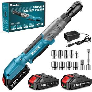imageSeesii 21V Cordless Electric Ratchet Wrench Set 66Ftlbs 200RPM Power Ratchet Wrench 38quot Variable Speed Trigger 2x 20A Batteries ampamp Charger 8 Sockets 14quot and 12quot Adapter 3quot Extension Bar2 in