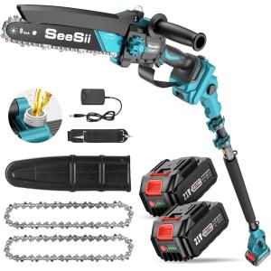 imageSEESII 2in1 Cordless Pole Saws for Tree Trimming 6 Inch Mini Electric Chainsaw with 2 x 4000mAh Batteries Battery Powered Chain Saw with Extension Pole Tree Trimmer Limb Branch Cutter PrunerBlue8 Polesaw 4000mah4000mah