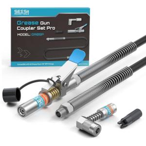 imageSeesii Grease Gun Accessory Kit Includes QuickRelease Coupler 90 Degree Grease Gun Coupler Adapter 12 Inch Flexible Hose 2 Grease Needle Tips for Easy Greasing Narrow Tight amp Deep Spaces GR04PPro Kit 12000 PSI Coupler  394 Hose