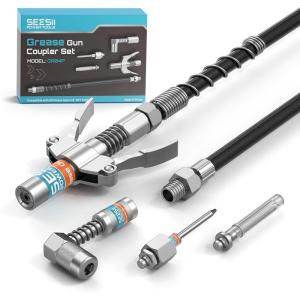 imageSeesii Grease Gun Accessory Kit Includes QuickRelease Coupler 90 Degree Grease Gun Coupler Adapter 12 Inch Flexible Hose 2 Grease Needle Tips for Easy Greasing Narrow Tight amp Deep Spaces GR04PStandard Kit with Needle Tips