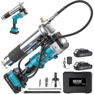 imageSeesii Upgraded 8000PSI Grease Gun Kit Heavy Duty Pistol Grip Grease Gun with 14oz Capacity QuickRelease Coupler 90Adapter Flexible Hose Rigid Pipe for Automotive Agricultural IndustrialBlue  Black
