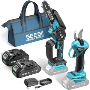 imageSEESII Electric Chainsaw Cordless 12inch Handheld Chain Saws with a 40Ah Battery Tree Saw with Toolfree Chain Tension Auto Oiling for Wood Cutting Trimming Branch2x2000mAh 2in1 Combo Kit