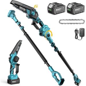 imageSEESII Electric Chainsaw Cordless 12inch Handheld Chain Saws with a 40Ah Battery Tree Saw with Toolfree Chain Tension Auto Oiling for Wood Cutting Trimming Branch2 x 4000mAh 6 Inch Pole Saw