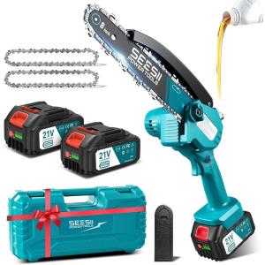 imageSEESII Electric Chainsaw Cordless 12inch Handheld Chain Saws with a 40Ah Battery Tree Saw with Toolfree Chain Tension Auto Oiling for Wood Cutting Trimming Branch2 x 4000mAh 8 Inch Pro