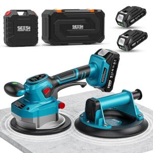 imageSEESII Suction Cup amp Tile Vibration Tool Combo 57 Tile Vibrator with 2X 2000mAh Batteries 10 Speeds 8 Vacuum Suction Lifte for GlassTile Installers Contractors DIYer 440LBS Max Load8Inch Suction Cup  57Inch Tile Vibrator