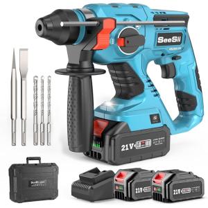 imageSeesii Cordless SDSPlus Rotary Hammer Drill for Concrete 2  40Ah Batteries Includes 3 Drill Bits Flat amp Point Chisels Lightweight Power Tool for Home Improvement DIY amp MasonryBlue