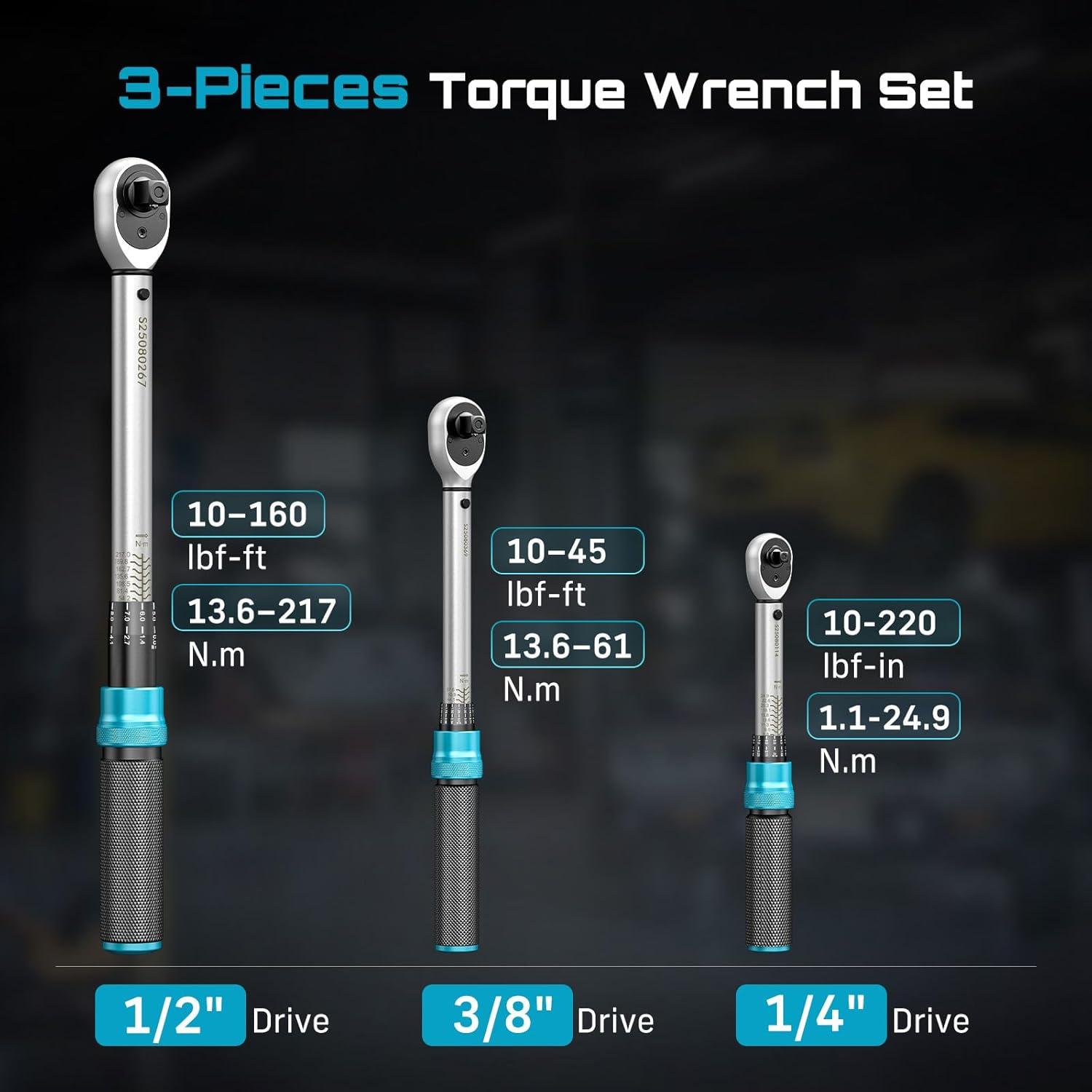 imageSeesii Torque Wrench Set 14 38 12 Drive Click Type Torque Wrench Kit with Adapters 3 Accuracy Dual Scale 72Tooth Ratchet for Car Motorcycle Bike Repair