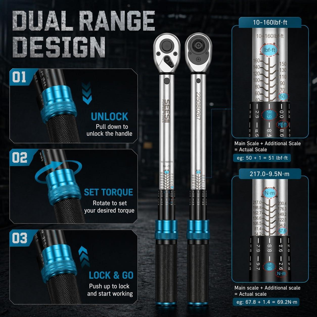 imageSeesii Torque Wrench Set 14 38 12 Drive Click Type Torque Wrench Kit with Adapters 3 Accuracy Dual Scale 72Tooth Ratchet for Car Motorcycle Bike Repair