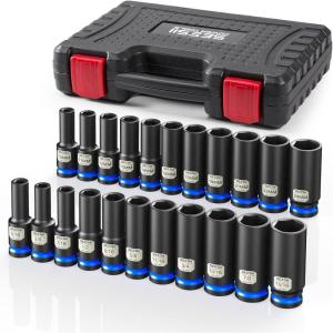 image12 Inch Drive Impact Socket Set 11Piece Metric 1024mm Professional Chromoly Steel CRMO 6Point Shallow Sockets for Impact Wrench Automotive Repair amp General Mechanic ToolsSAEMetric Deep  22pc