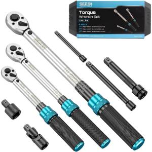 imageSeesii Torque Wrench Set 14 38 12 Drive Click Type Torque Wrench Kit with Adapters 3 Accuracy Dual Scale 72Tooth Ratchet for Car Motorcycle Bike Repair