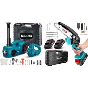 imageSeesii Electric Car Jack 5 Ton Car Jack kit 12V Hydraulic Jack with Electric Impact Wrench and Tire Inflator Pump amp Mini Chainsaw 6inch Mini Chainsaw Cordless 12 Pcs Tool Set