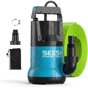 imageSEESII 1HP Submersible Water Pump 4755GPH High Flow Sump Pump with 23ft Hose Kit AntiClogging Filter Net for Swimming Pool Hot Tub Pond Basement Rooftop Garden Water RemovalBlue and Black