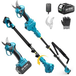 imageSeesii 2in1 Electric Pruning Shears with Pole 15Ft Reach 12 Cutting Diameter 21V 4000mAh Battery Cordless Pruner with Brushless Motor for Orchard Flower Branch Tree TrimmingLight Blue